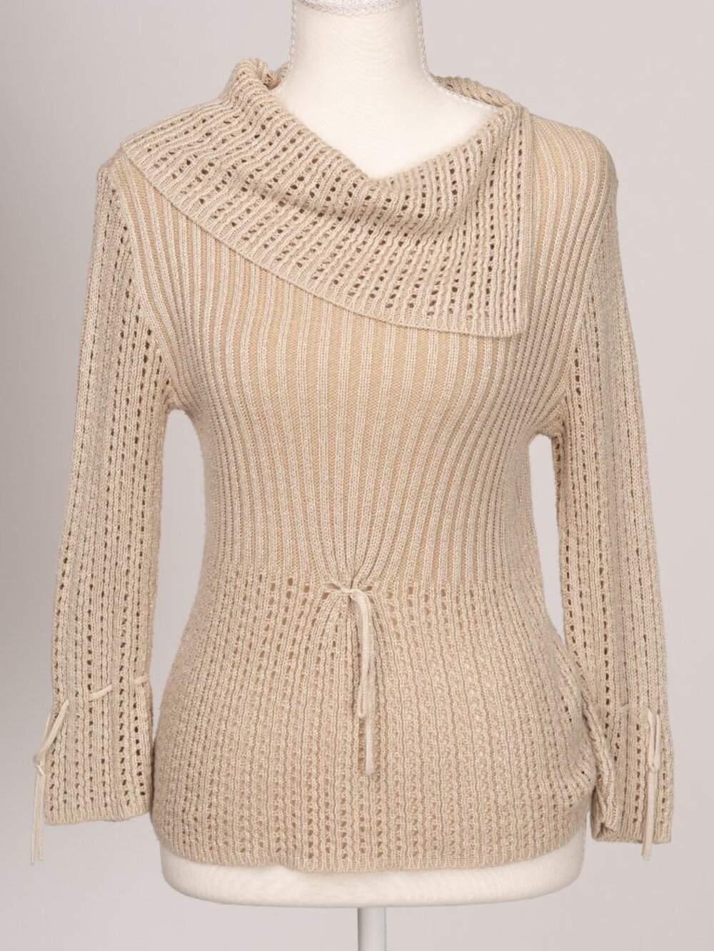 Vintage Y2K Rave Brand Beige Open Knit Cowl Neck Sweater Boho Whimsigoth Medium